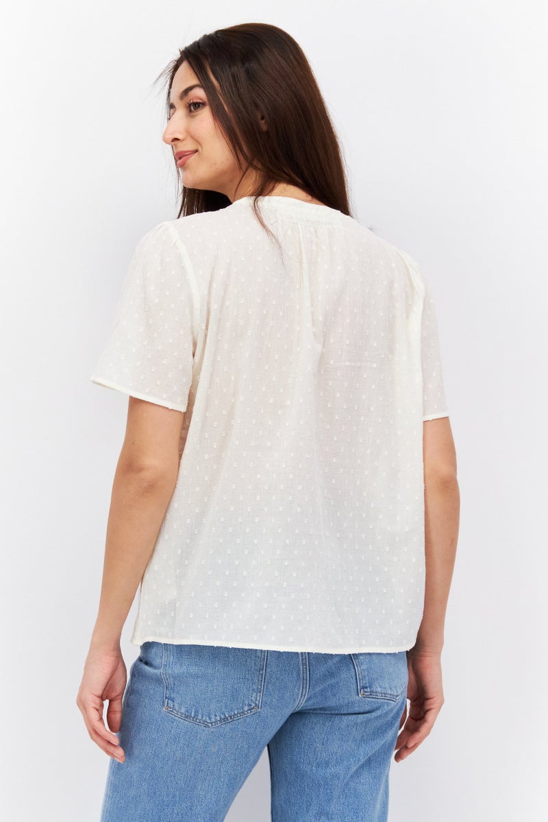 ESPRIT Women Tie Neck Short Sleeve Textured Top, Cream - Image 2